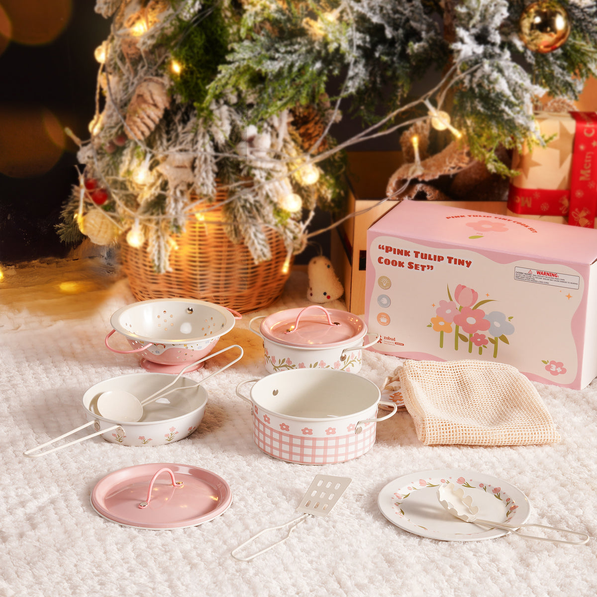 ROBUD Tinplate Pretend Cooking Utensils pink series top-down flat lay showing all components including colander, stockpot, saucepan, plate and frying pan