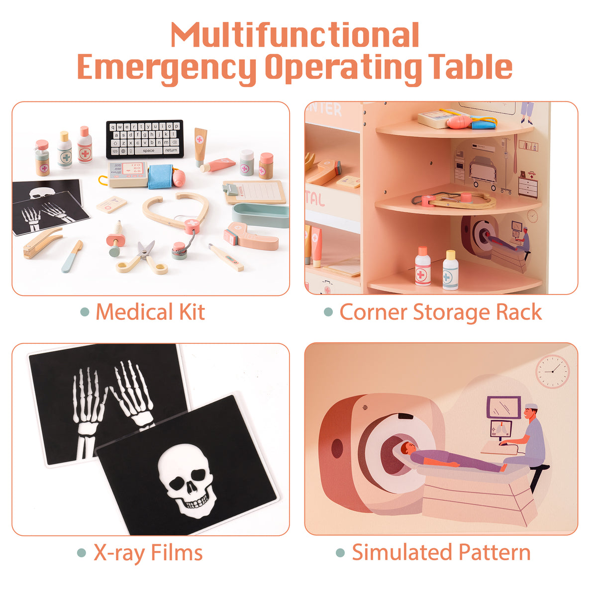 ROBUD multifunctional emergency operating table infographic showing medical kit, corner storage rack, x-ray films and simulated doctor panel