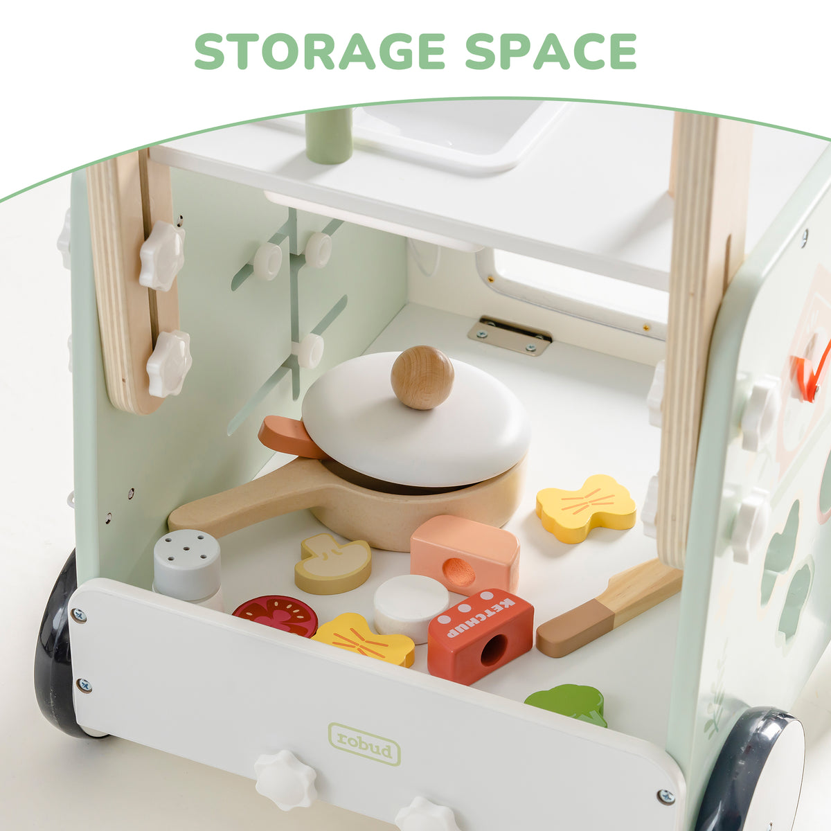 ROBUD Spring Countryside wooden baby walker interior storage space showing toy pan with lid, ketchup block, tomato slice and food accessories inside the open cart