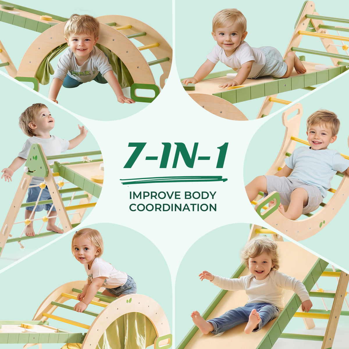 ROBUD 7-in-1 toddler climbing set feature grid showing children sliding, climbing, rocking and playing to improve body coordination