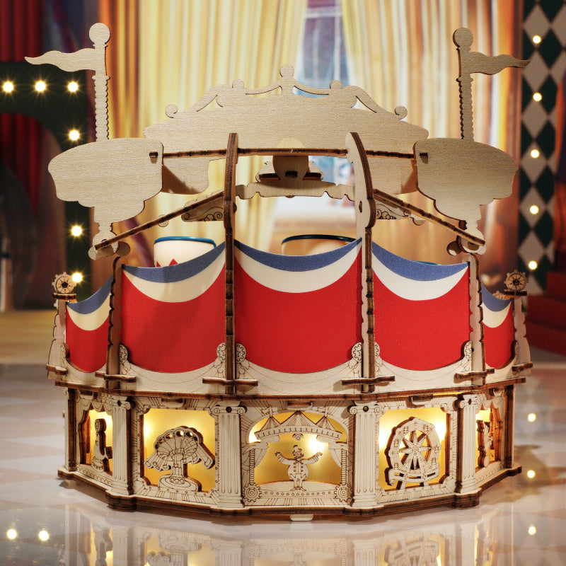 ROKR Tilt-A-Whirl Music Box EA04 mechanical music box wooden kit, angled three-quarter view of the build