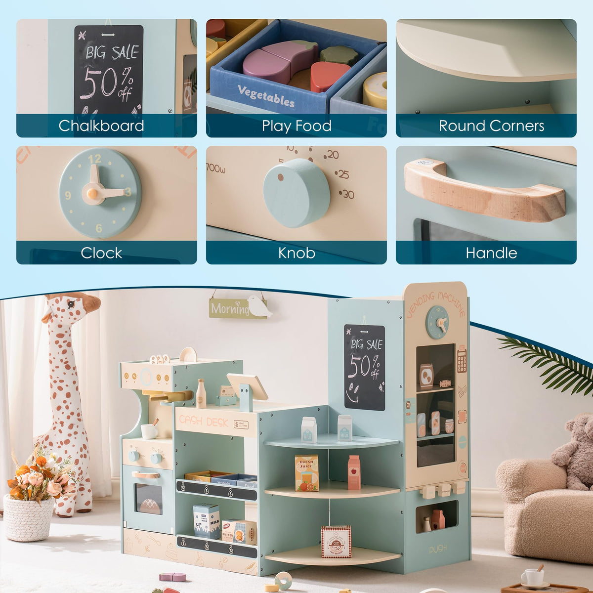 Robud wooden coffee shop playset, lifestyle shot in home setting