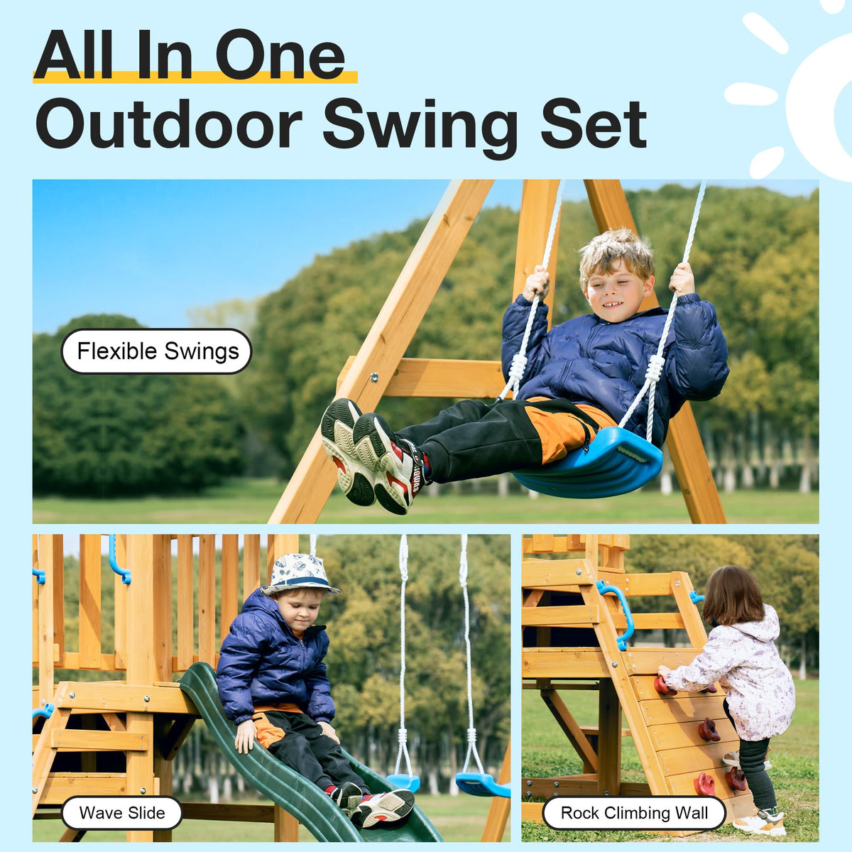 Robud wooden swing set, close-up of texture and finish