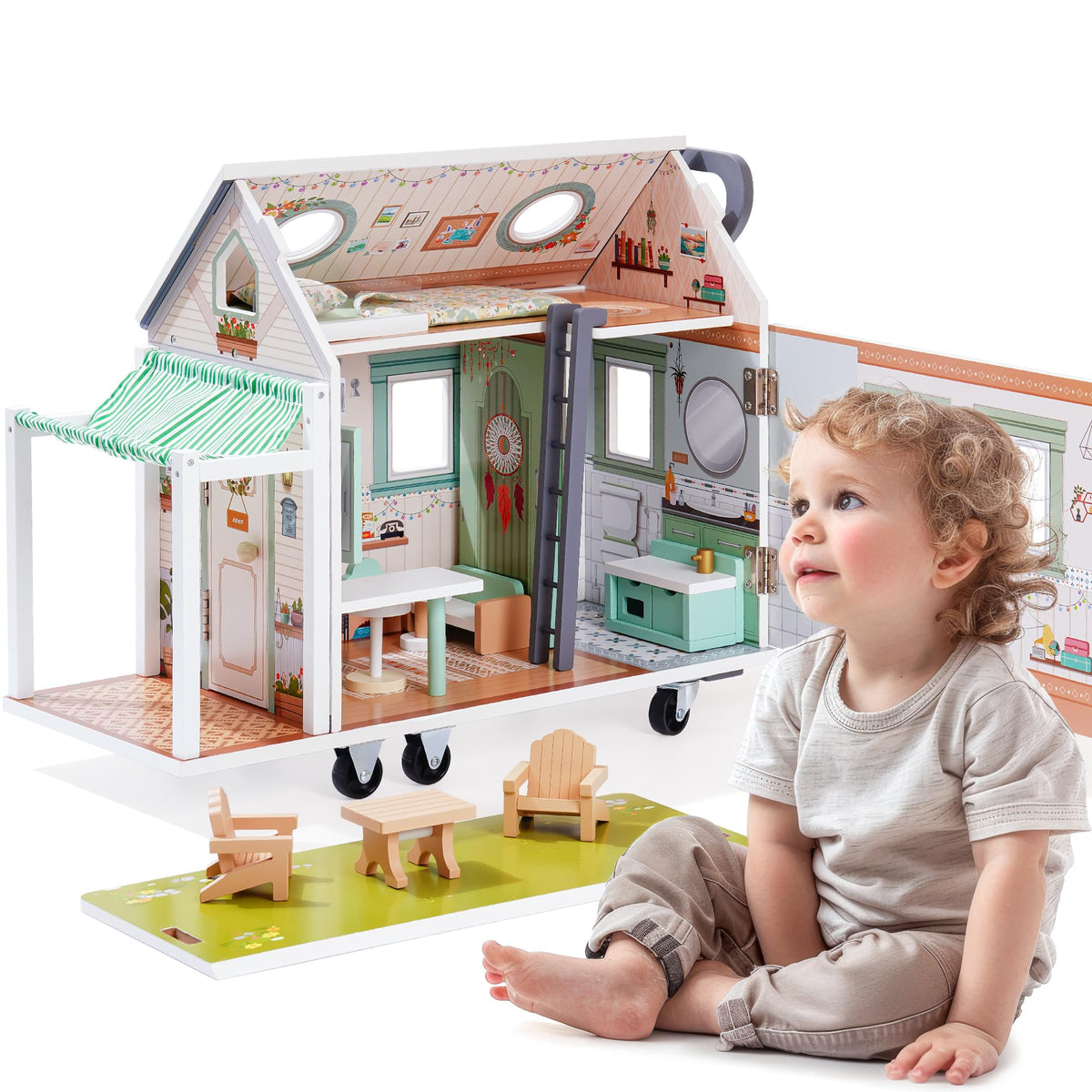 Robud wooden camper van dollhouse, lifestyle shot in home setting