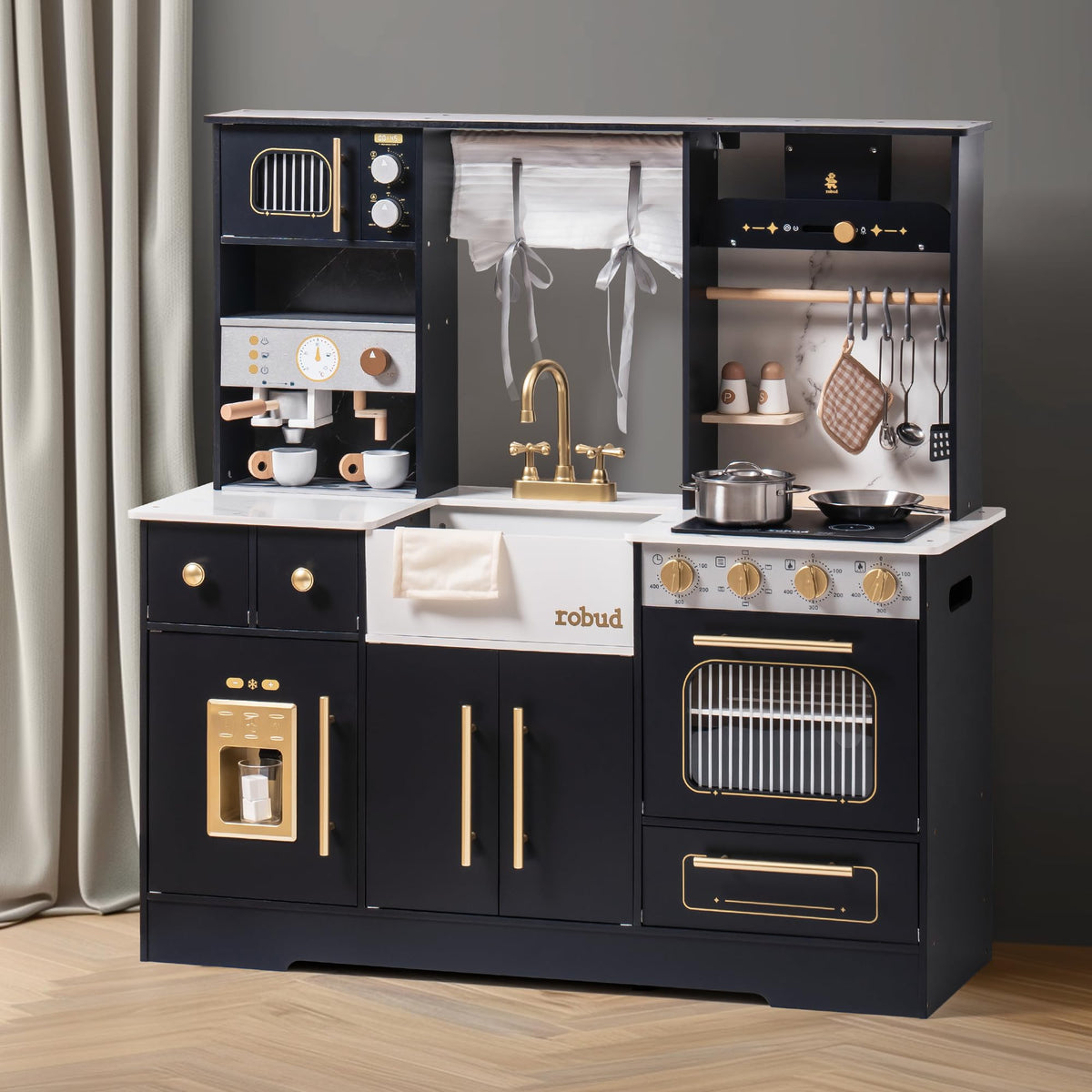 Robud wooden play kitchen black, packaging and box contents