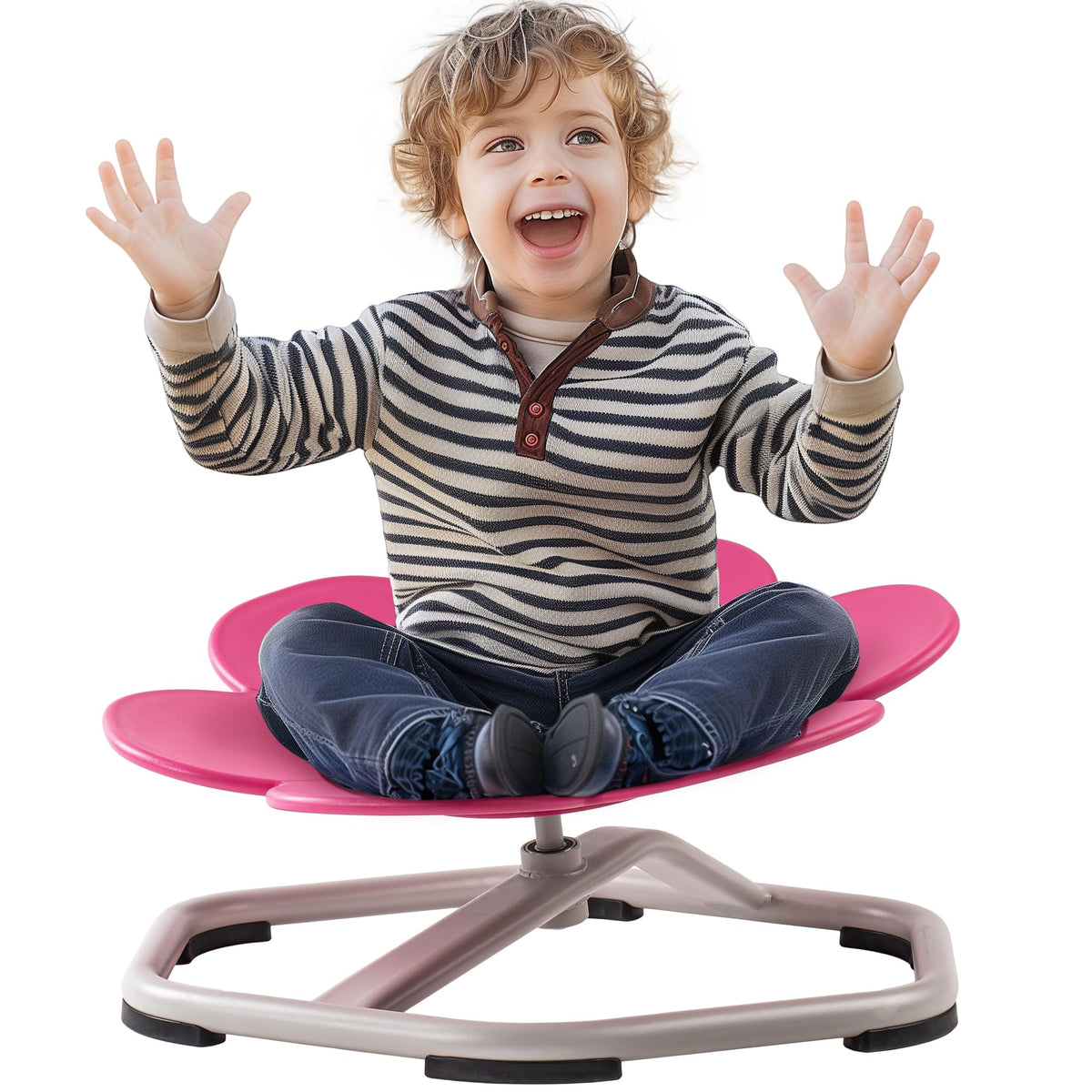 A smiling boy with arms outstretched seated cross-legged on the ROBUD Flower Swivel Chair blue version spinning on white background showing the flower seat shape and metal base