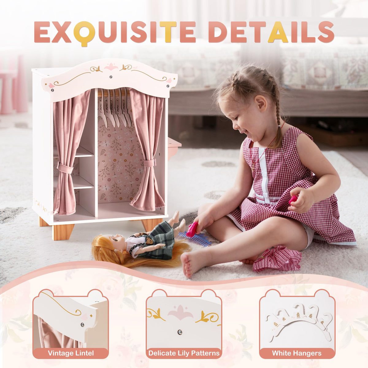 Girl pulls open the pink curtain of the ROBUD wooden doll wardrobe, showing vintage scrollwork, floral liner, and hangers.