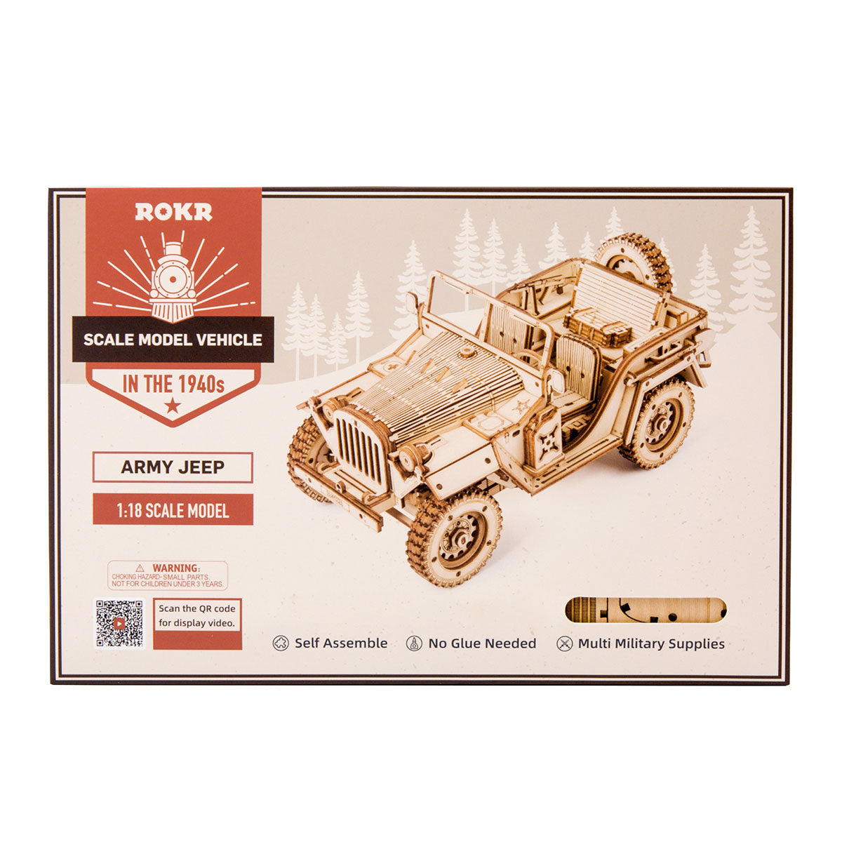 ROKR Army Jeep 1940s scale model vehicle retail packaging box with pine tree illustration on cream background