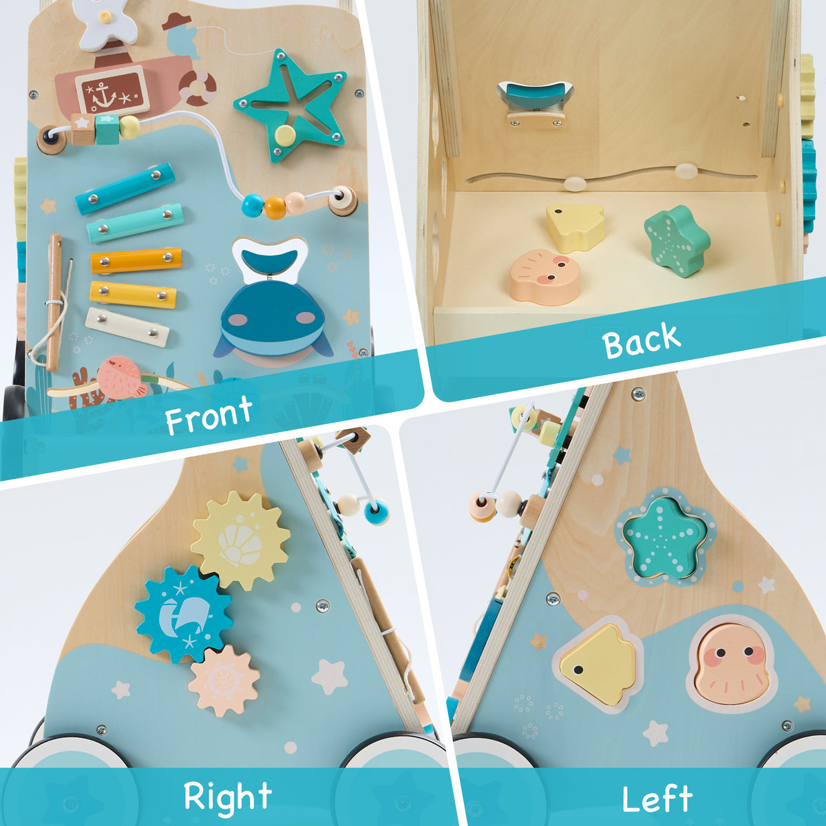 ROBUD wooden baby push walker multi-panel view showing ocean-themed front, back, right and left activity panels in teal