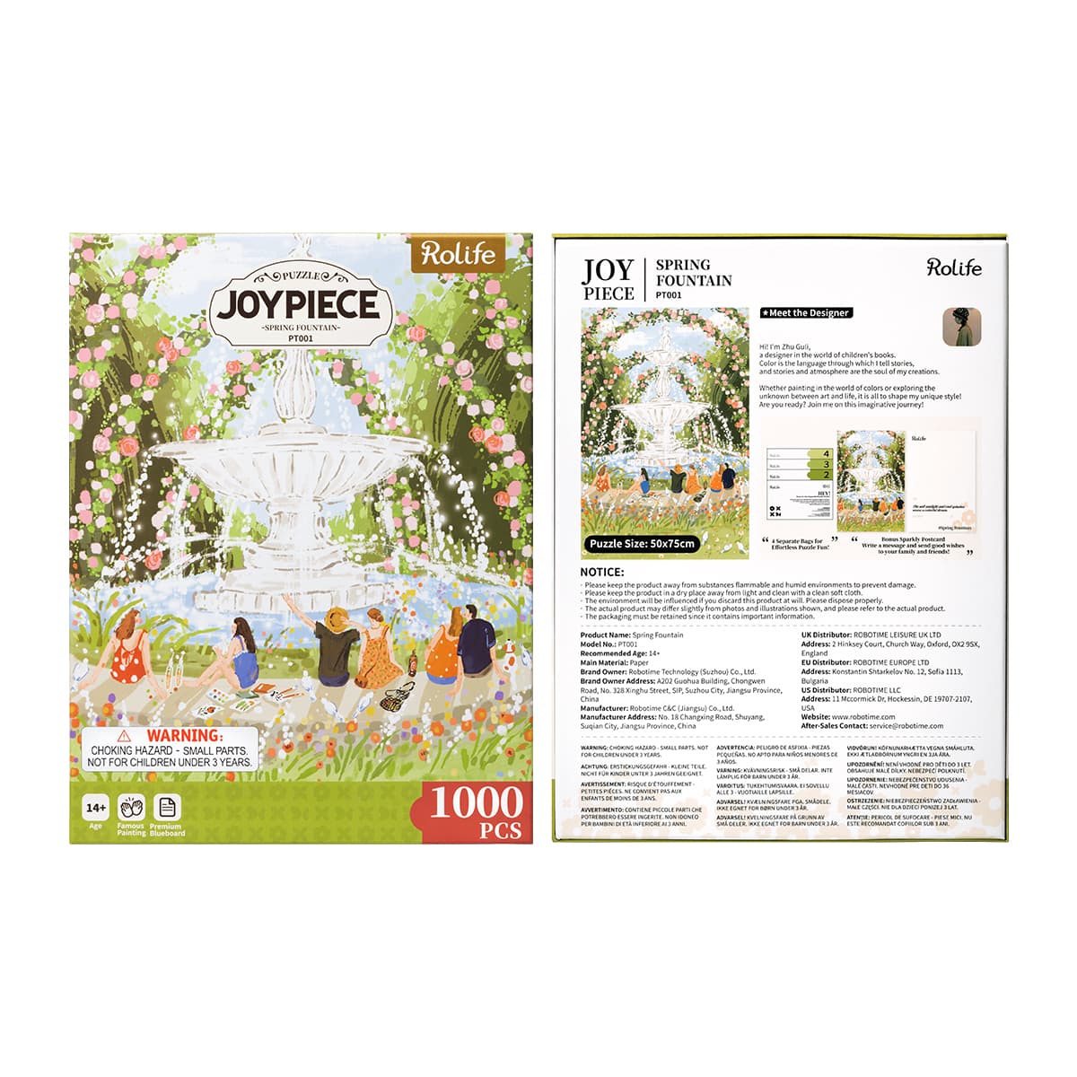 Rolife Afternoon Fountain PT001 Joypiece 1000-piece puzzle retail packaging front and back with illustrated garden fountain scene