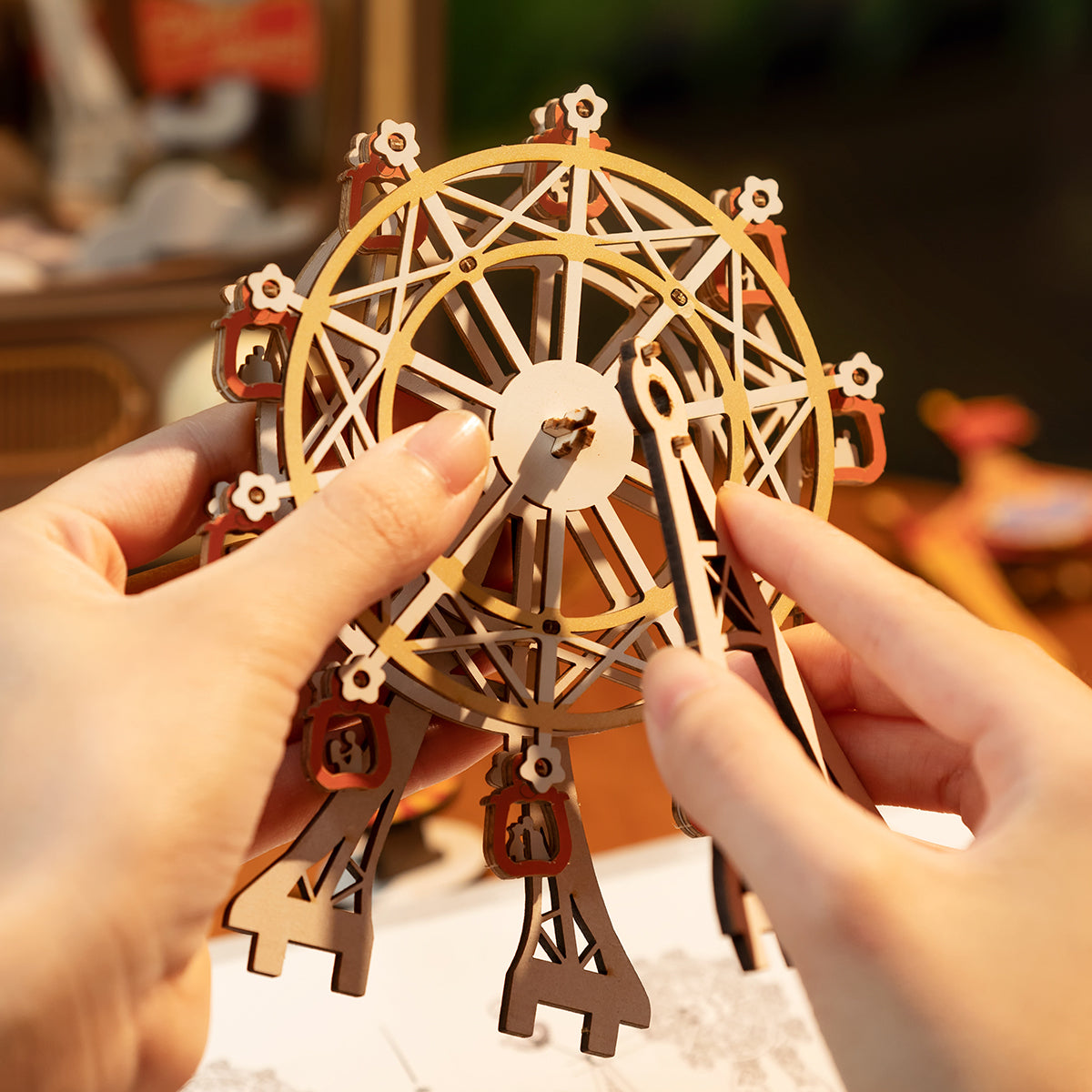 Rolife, Sunset Carnival, AMT01, 3D wooden music box puzzle, top-down view