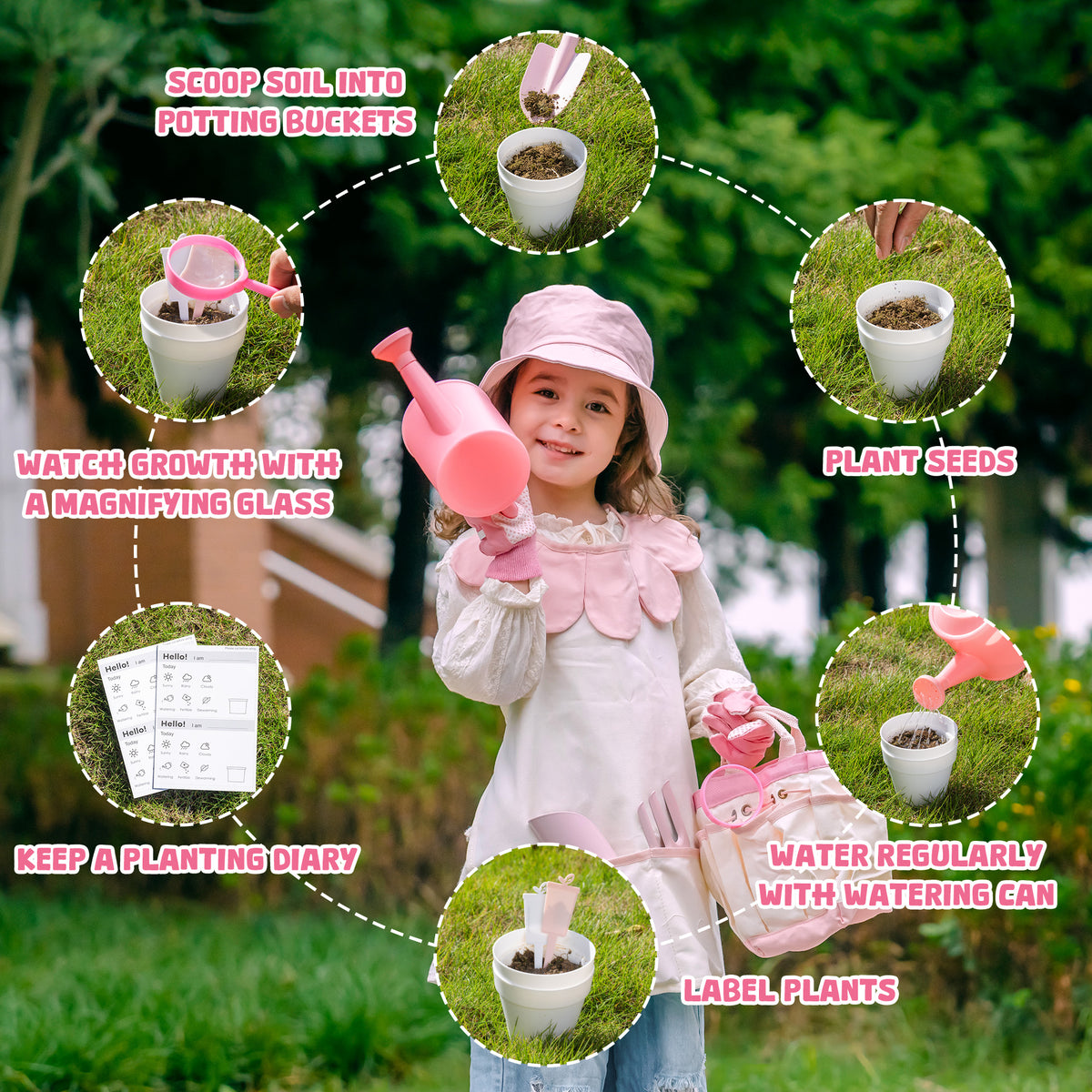 Girl in pink hat watering flowers with ROBUD Kids Gardening Set pink watering can among bright yellow blooms in a sunny garden