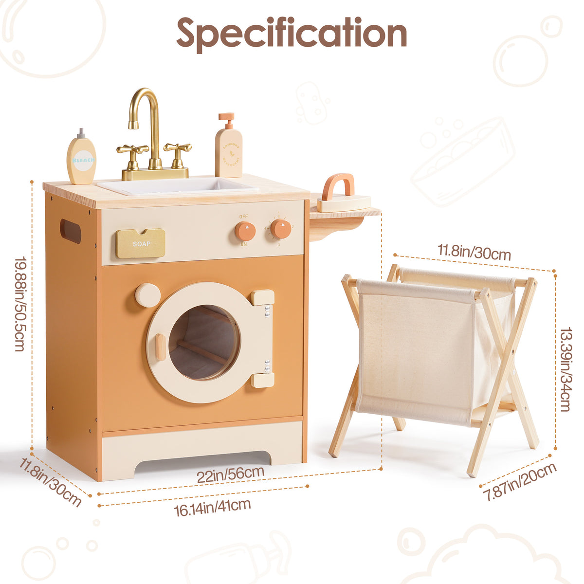 ROBUD Wooden Laundry Playset Caramel specification diagram showing washing sink, washer and laundry basket with dimensions labeled