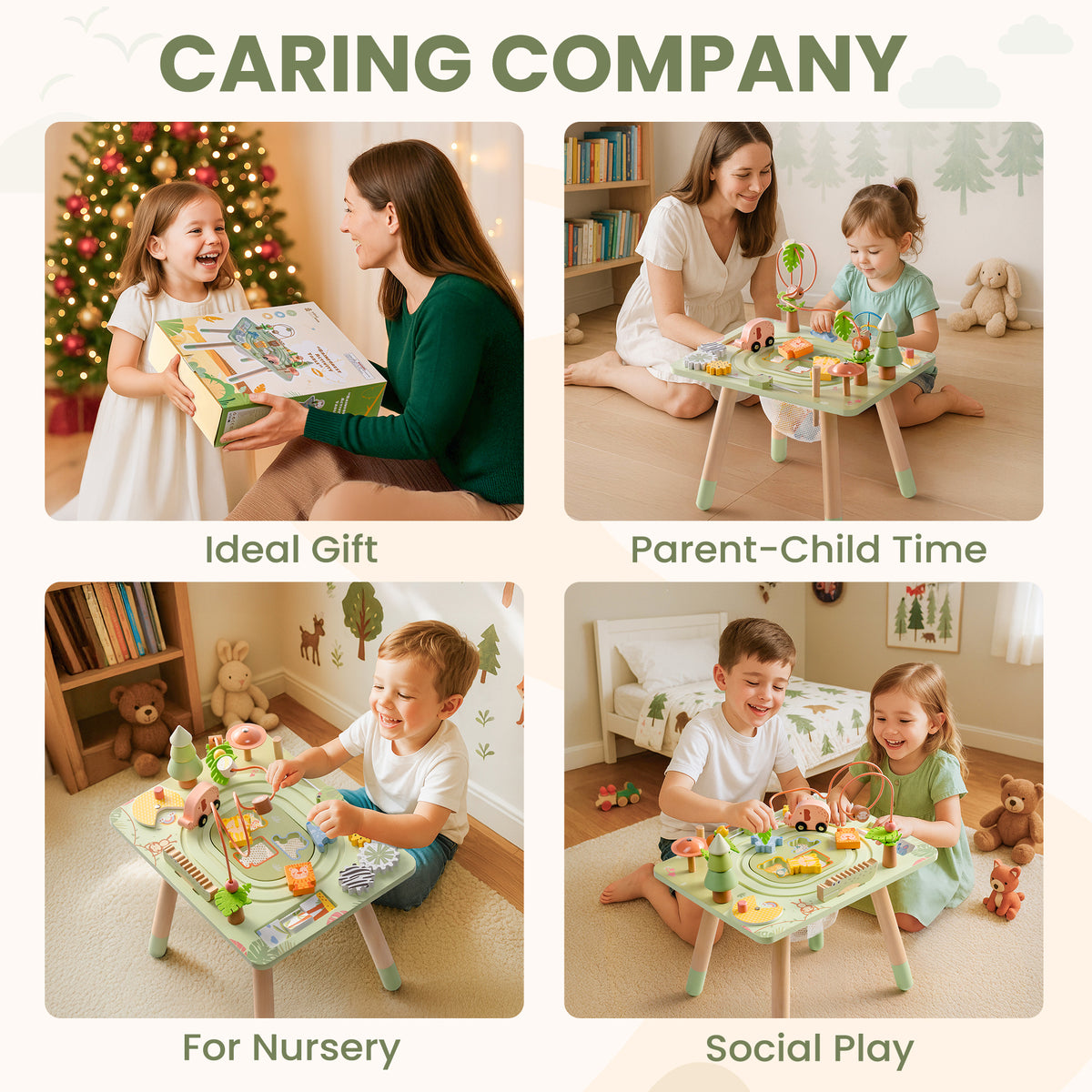 ROBUD 11 in 1 Rainforest Activity Table lifestyle grid showing ideal gift use, parent-child play, nursery and social play scenarios