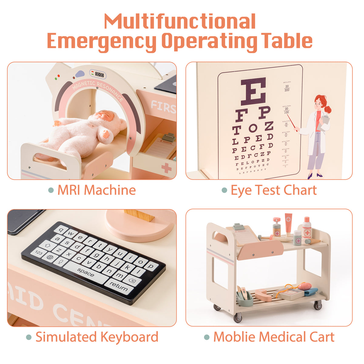 ROBUD wooden doctor play set featuring MRI machine, eye test chart, simulated keyboard and mobile medical cart accessories