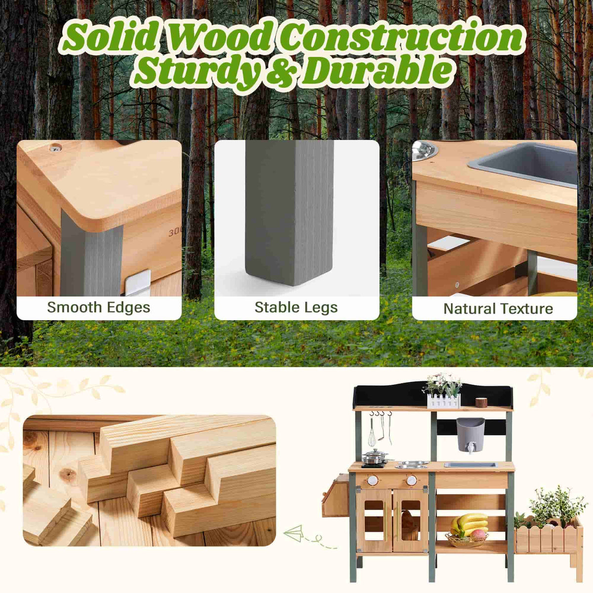 ROBUD outdoor wooden mud kitchen solid wood construction infographic showing smooth edges, stable grey legs, natural texture, and full kitchen view with planter box