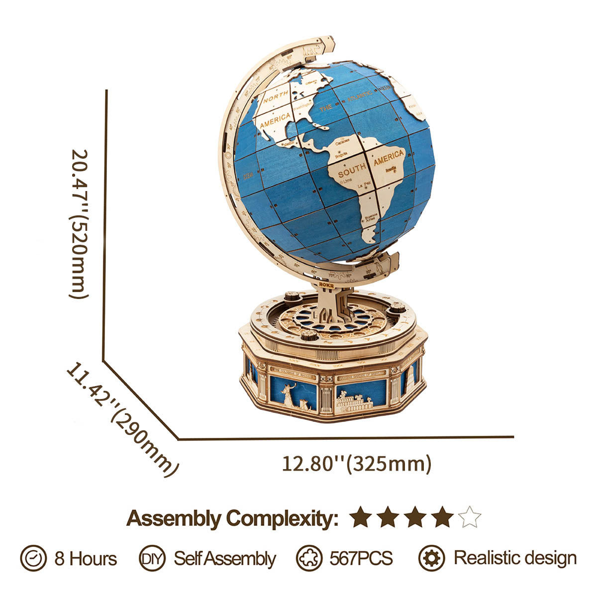 ROKR, The Globe, ST002, 3D wooden globe puzzle, top-down view