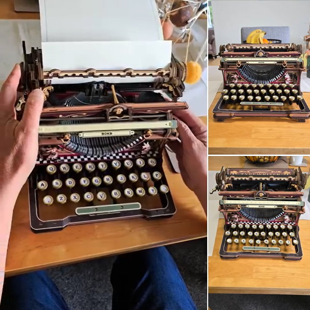 Robotime typewriter model kit shown assembled from four angles on a wooden table.