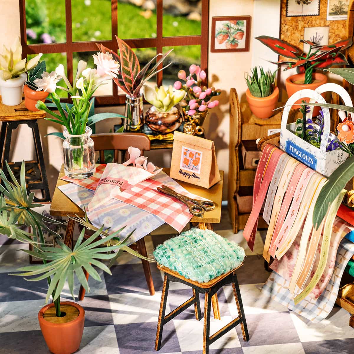 Rolife Emily's Flower Shop DG145 miniature house interior detail showing seed-storage shelf with labeled garden drawers, potted plants and botanical art pinboard by a window