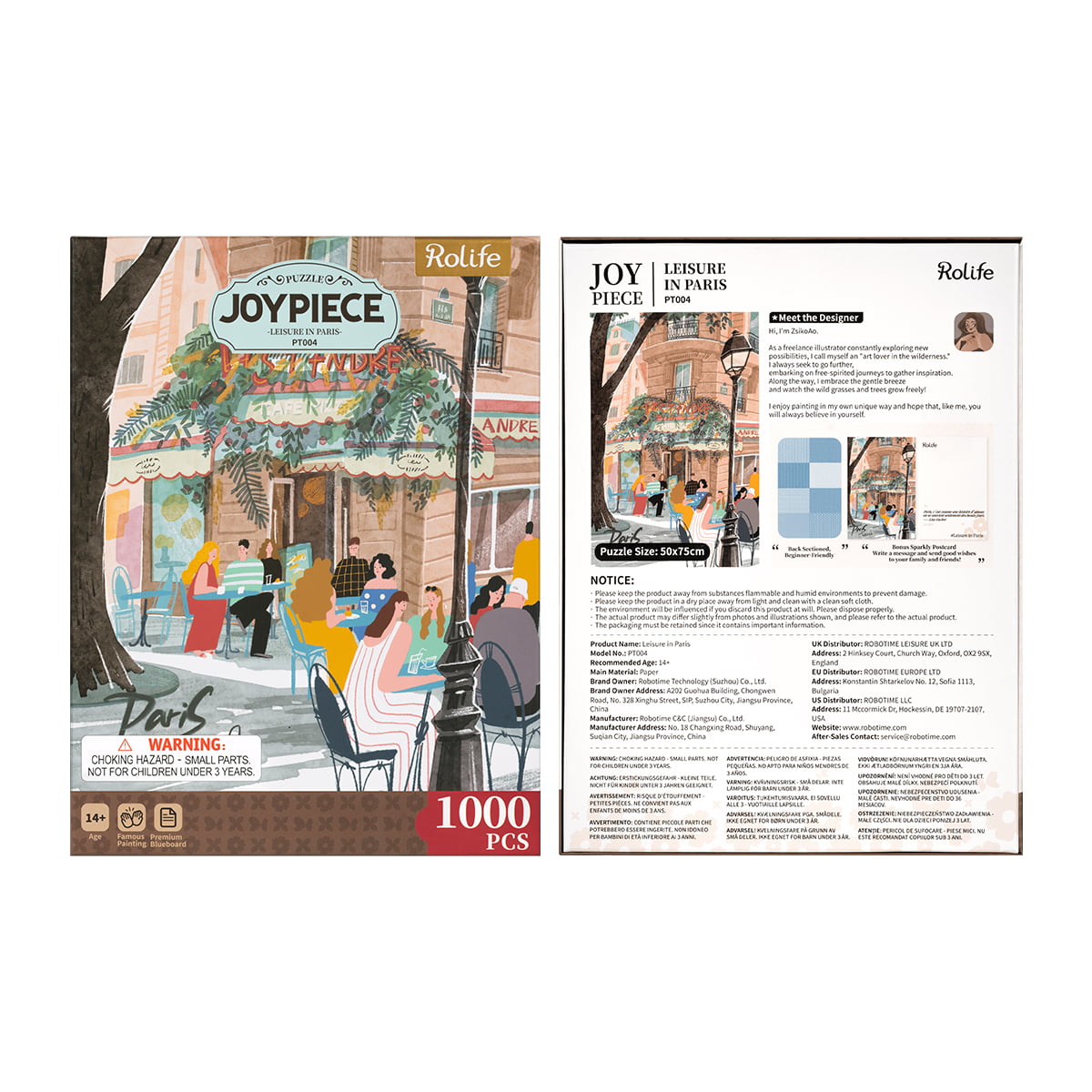 Rolife Leisure in Paris PT004 Joypiece 1000-piece puzzle retail packaging showing illustrated Parisian cafe scene front and back
