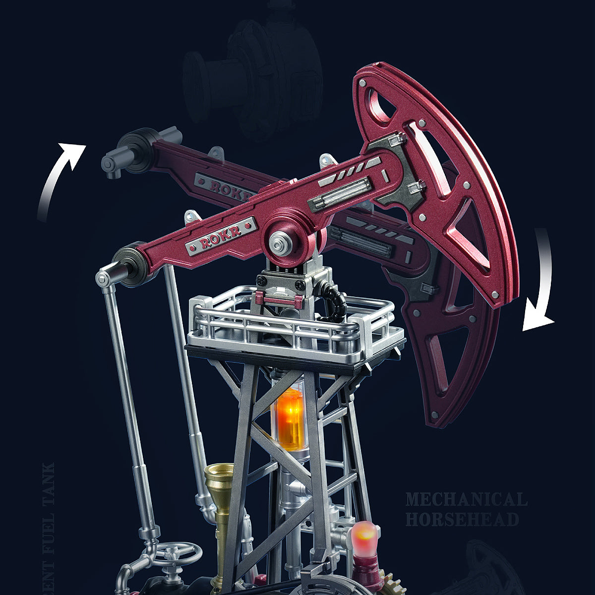 ROKR Oil Pump Jack Mechanical 3D Puzzle CGL03 3D wooden puzzle model, close-up of interior components and accessories