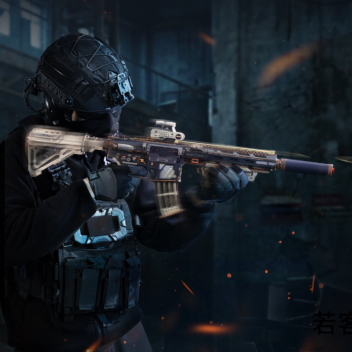 Person in tactical helmet and gear aiming the wooden rifle model in a dark alley with glowing embers