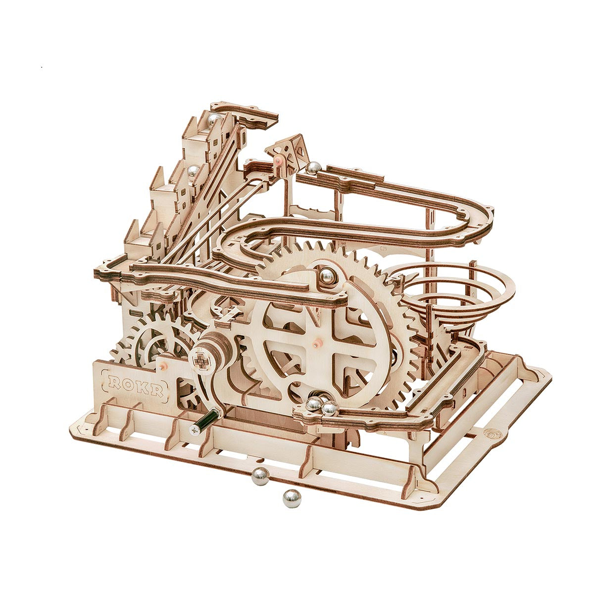 ROKR Marble Parkour wooden marble run with a large gear wheel, elevated tracks and a single steel marble