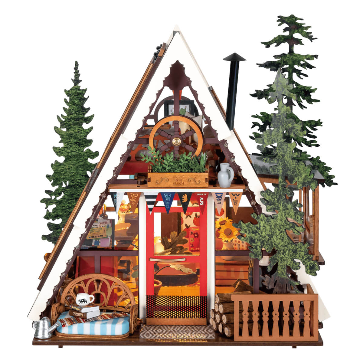 Rolife A-Frame Cabin Miniature House DG181 DIY miniature house kit, product front view on neutral background