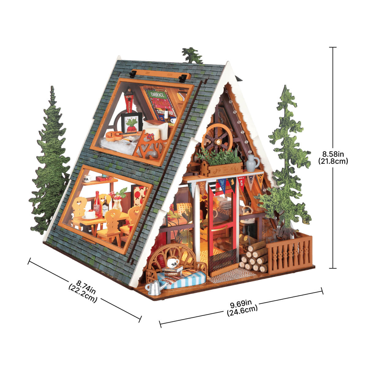 Rolife A-Frame Cabin Miniature House DG181 DIY miniature house kit, styled lifestyle scene with model assembled