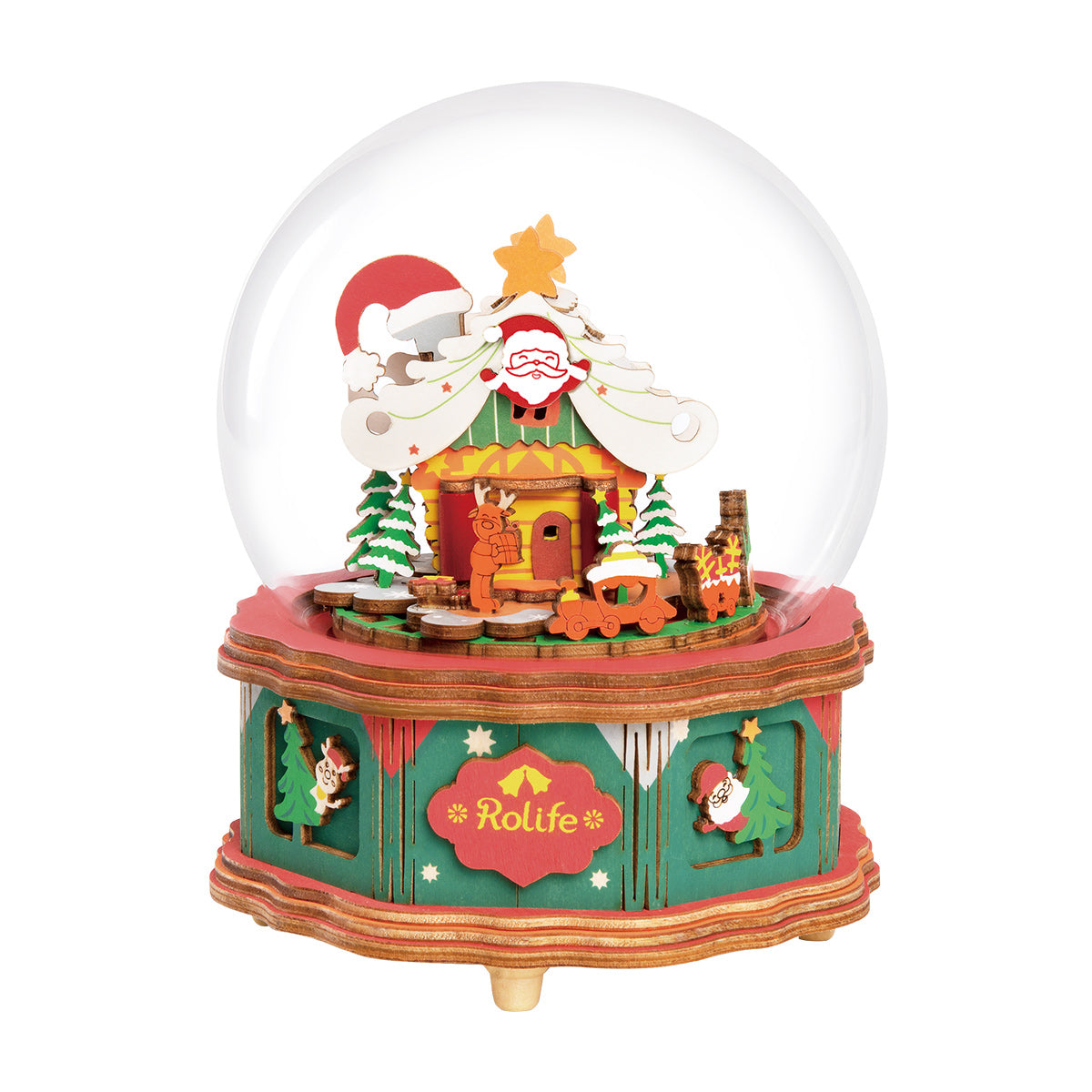 Rolife Christmas Snow Globe AM46 white background front view showing Santa Claus rooftop scene with reindeer and Christmas trees inside glass dome