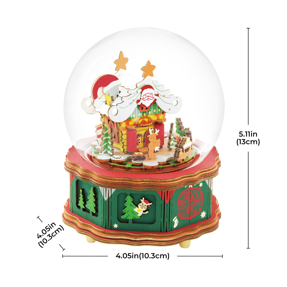 Rolife Christmas Snow Globe AM46 product dimensions showing 4.05 by 4.05 by 5.11 inches with Santa rooftop scene and Merry Christmas base