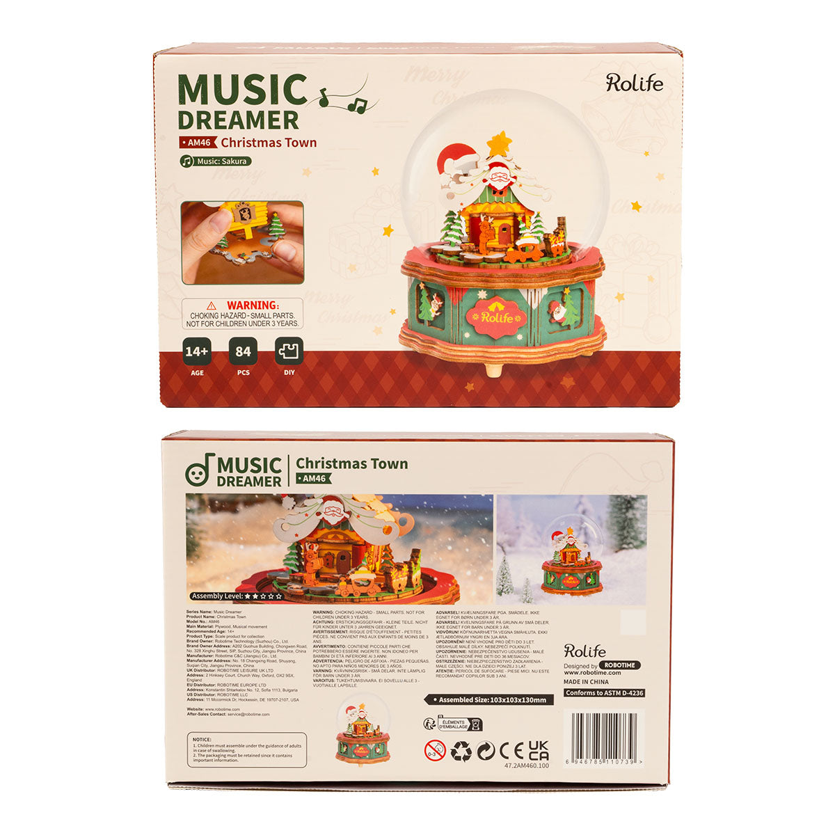 Rolife Music Dreamer Christmas Town AM46 back-of-box packaging showing product specs, safety warnings, and an assembled snow globe scene with Santa