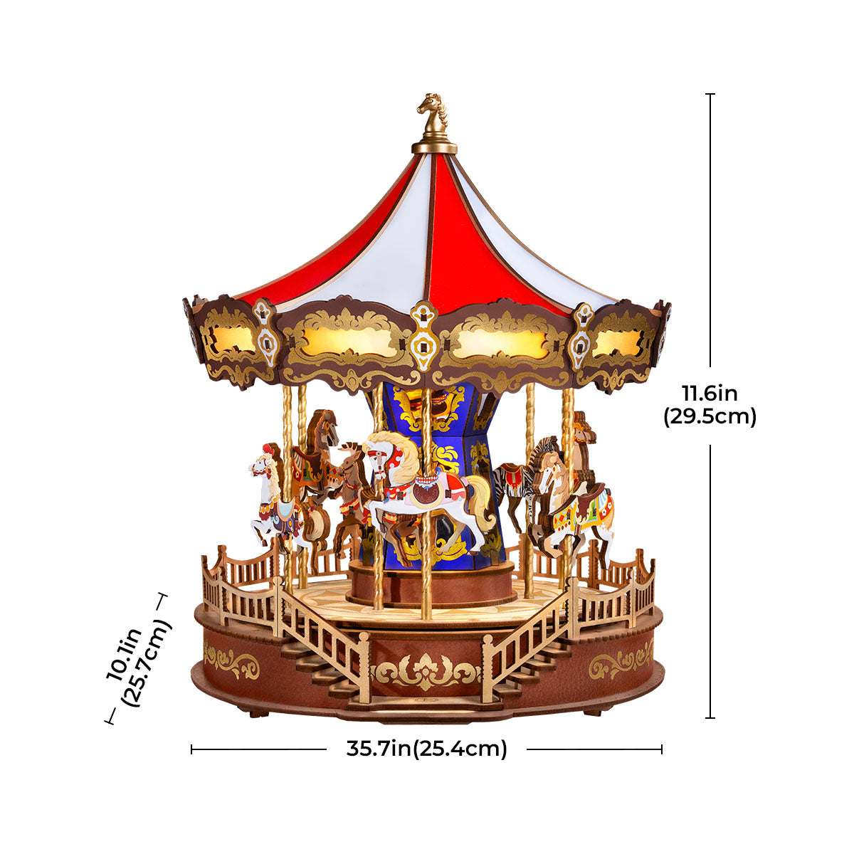 Rolife Classic Carousel AMC01 assembled music dreamer showing dimensions 35.7 by 10.1 by 11.6 inches with red white canopy and painted horses