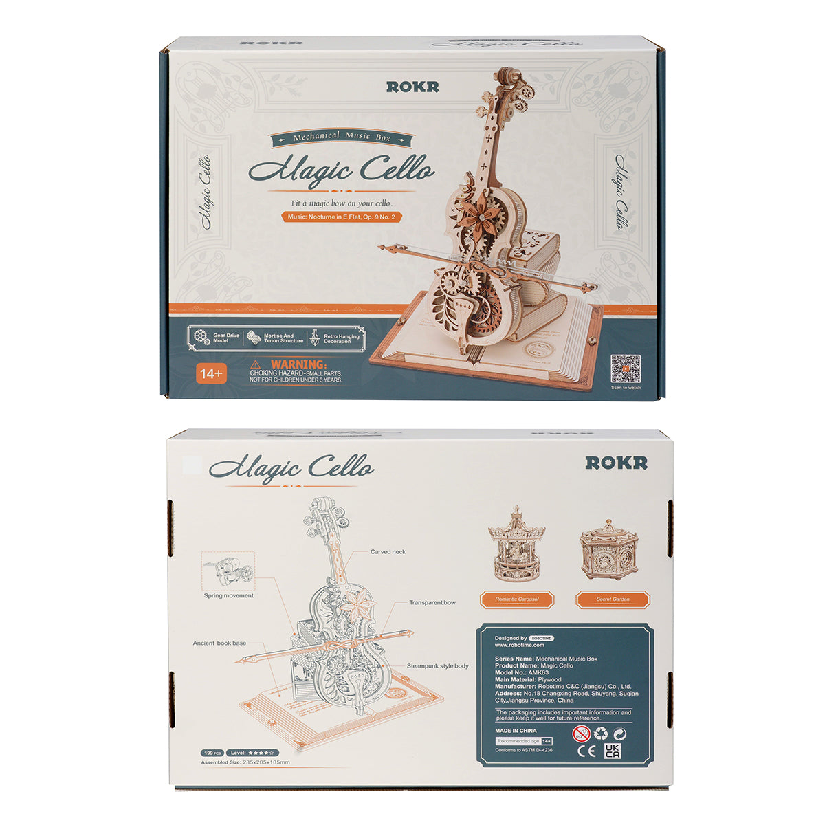 ROKR Magic Cello AMK63 wooden music box packaging showing front and back of box with diagram of cello components and product specifications