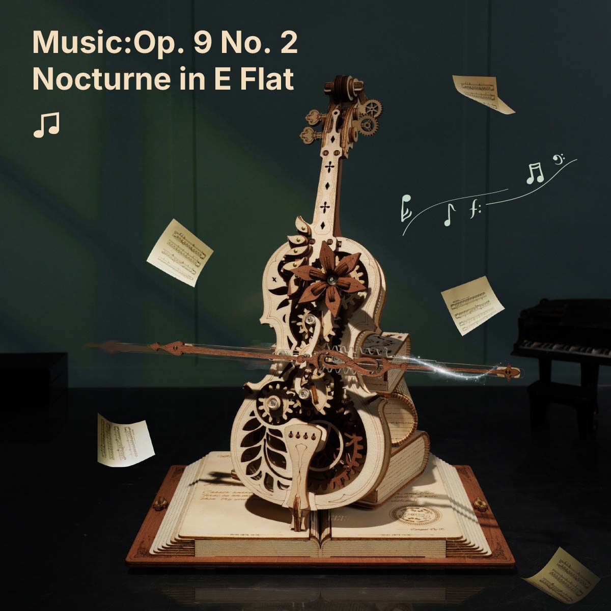 ROKR Magic Cello Mechanical Music Box AMK63 lifestyle night shot with music note graphics floating around the wooden cello playing Chopin Nocturne Op.9 No.2