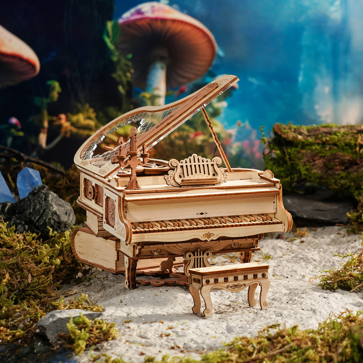 ROKR Magic Piano AMK81 wooden music box in enchanted forest scene with lit interior showing Santa Claus ballerina dancer and open piano lid
