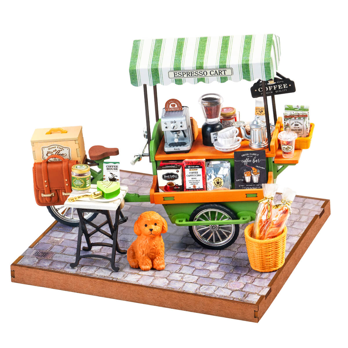 Rolife Aromatic Coffee Cart Miniature House DG182 DIY miniature house kit, product front view on neutral background