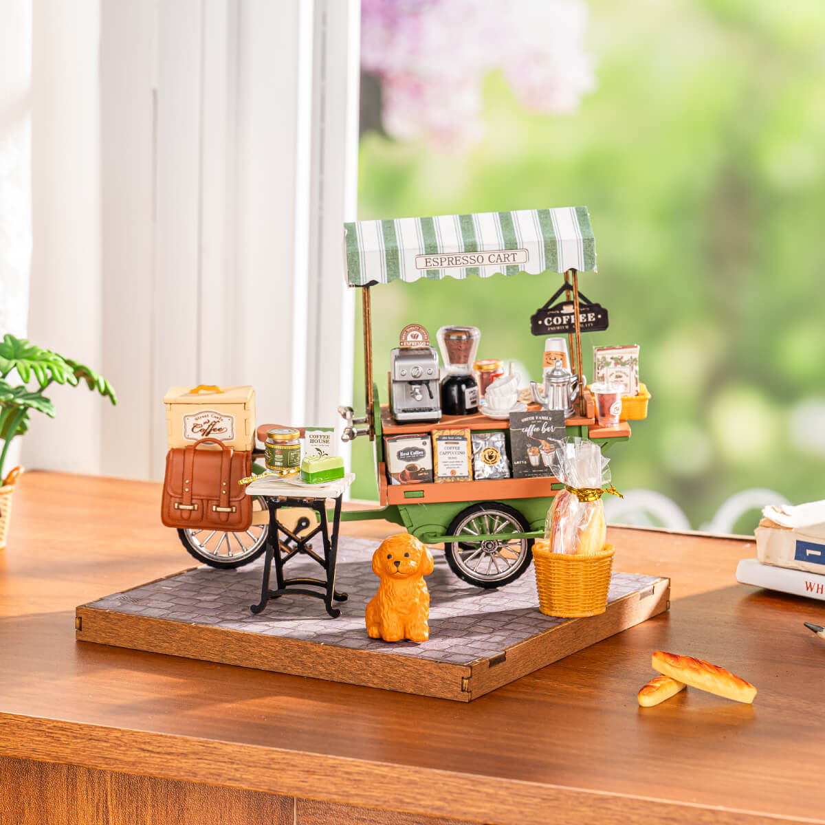 Rolife Aromatic Coffee Cart Miniature House DG182 DIY miniature house kit, close-up of interior components and accessories