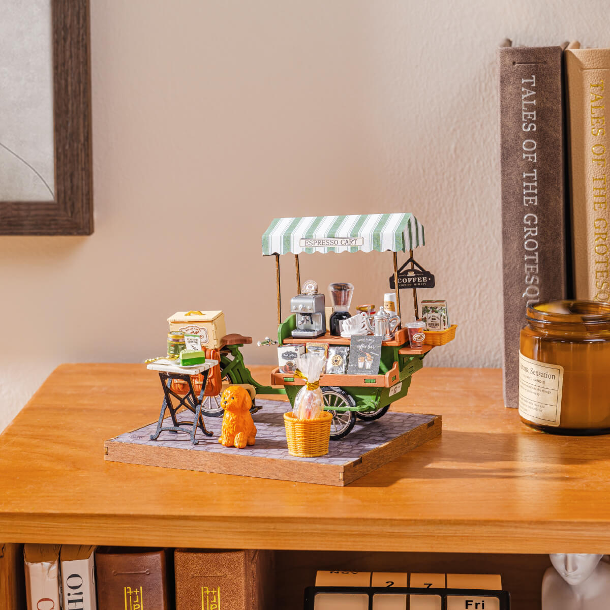 Rolife Aromatic Coffee Cart Miniature House DG182 DIY miniature house kit, angled view showing detail and craftsmanship