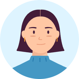 Robotime Online flat illustration avatar of a woman with dark bob hair in teal turtleneck on light background