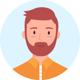 Robotime Online flat illustration avatar of a bearded man in orange shirt on light blue circular background