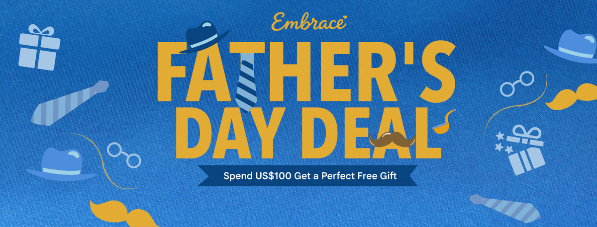 Robotime Embrace Father's Day Deal wide banner with spend $100 free gift offer on blue.