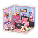 Rolife miniature bedroom diorama with pink and blue walls, black bed with pink bedding, keyboard on stand, pink locker, guitar, dog figure and music-themed decor.