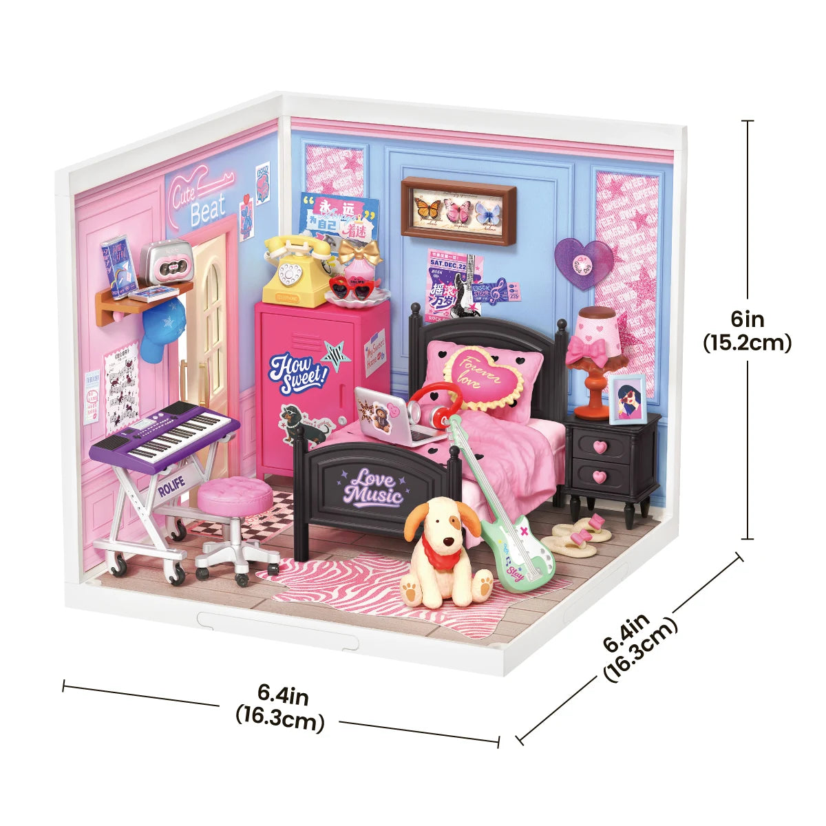 Rolife miniature bedroom diorama shown with dimensions: 6in (15.2cm) height, 6.4in (16.3cm) width and 6.4in (16.3cm) depth.