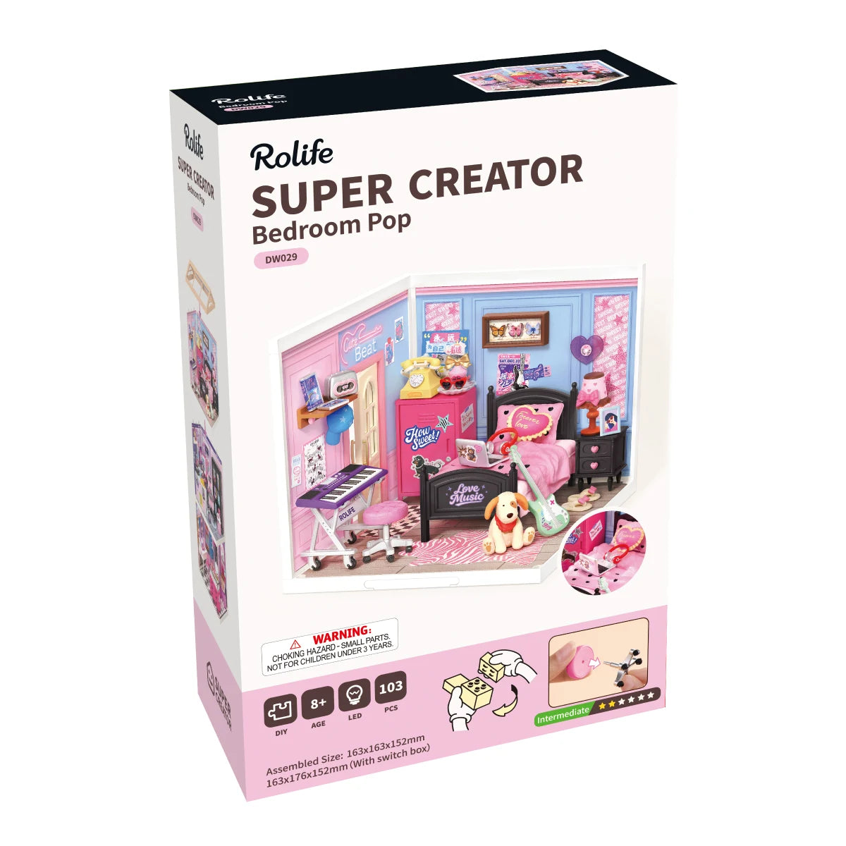 Rolife Super Creator Bedroom Pop DW029 box showing the miniature bedroom, 8+ age mark, 103 pieces, LED, intermediate level and assembled size 163x163x152mm.