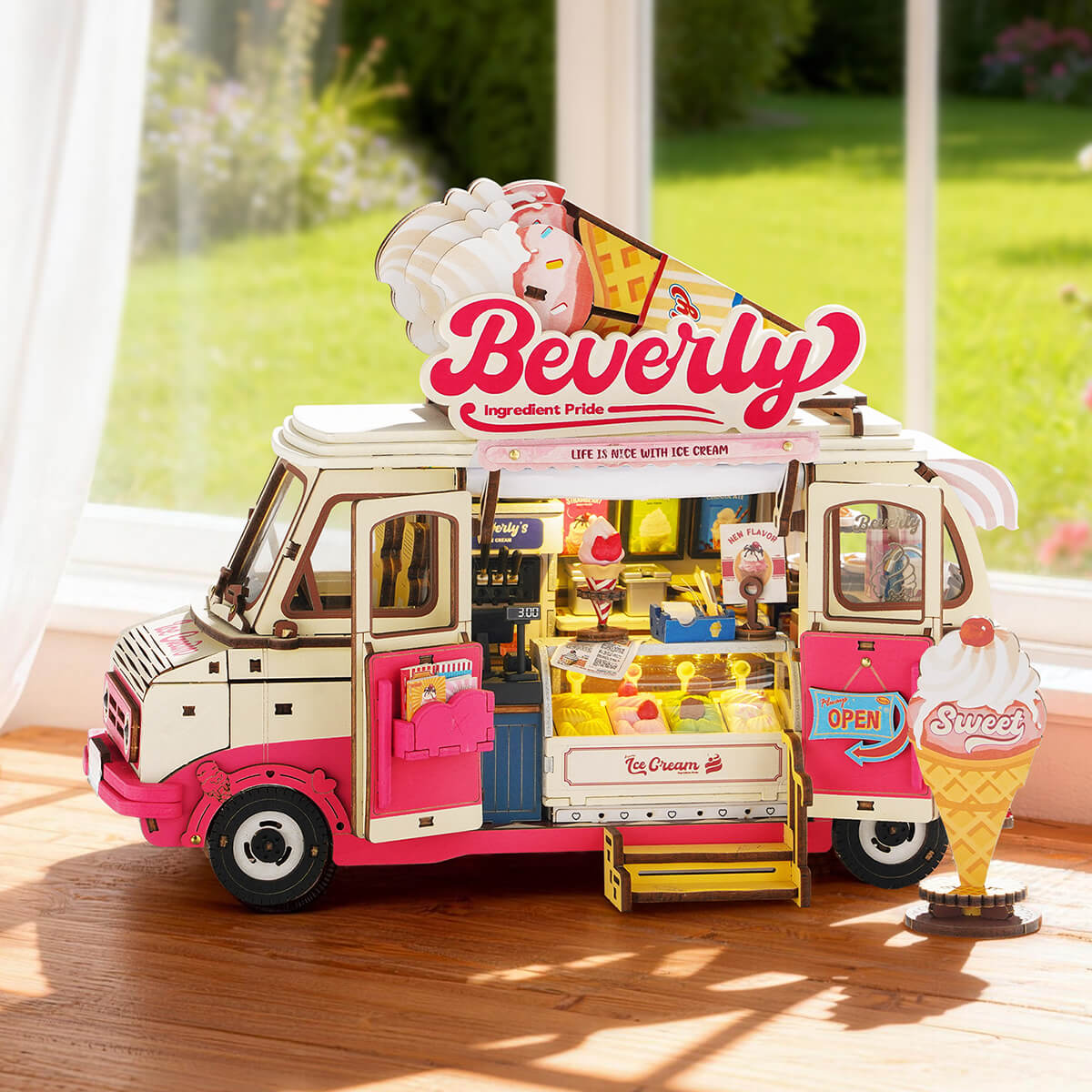 Rolife Beverly's Ice Cream Truck 3D Wooden Puzzle 3D wooden vehicle puzzle, angled view showing detail and craftsmanship