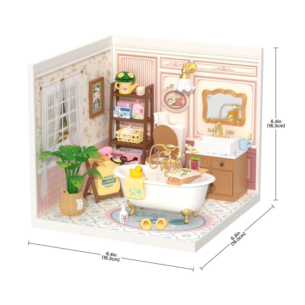 Rolife Pop Bubble Bathroom DIY miniature room displayed at an angle, showing the pink-walled interior with clawfoot tub, shelving, and potted plant.