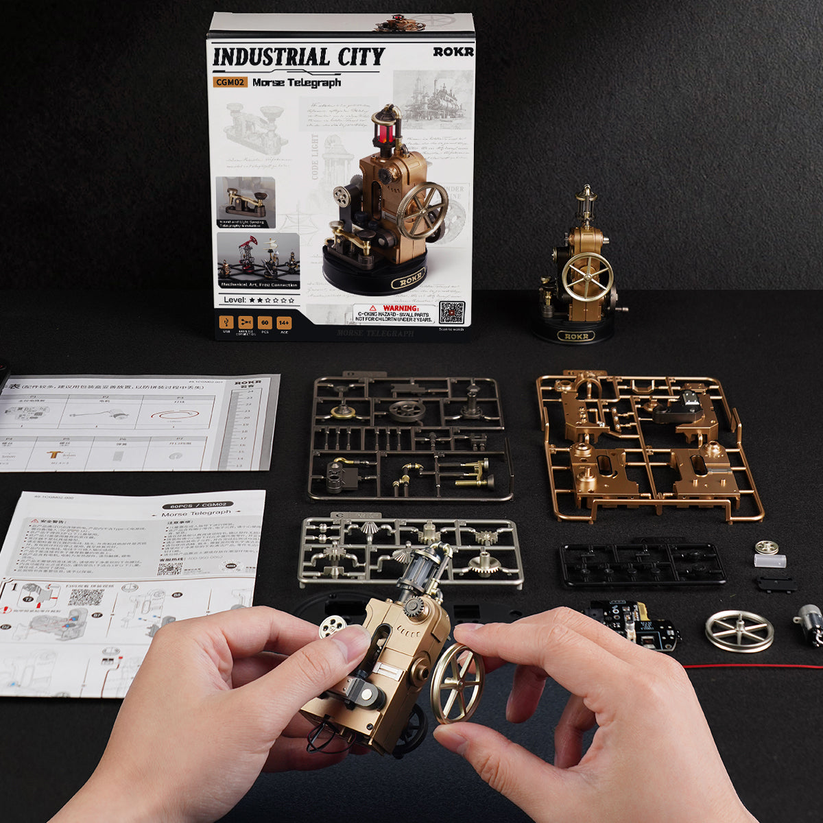 ROKR Morse Telegraph Mechanical 3D Puzzle CGM02 3D wooden puzzle model, styled lifestyle scene with model assembled
