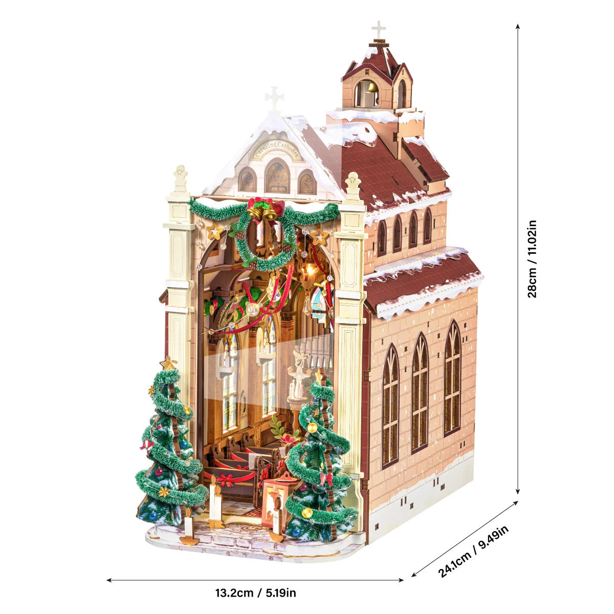 Rolife miniature Christmas cathedral shown at an angle with dimensions: 13.2cm / 5.19in wide, 24.1cm / 9.49in deep and 28cm / 11.02in high.