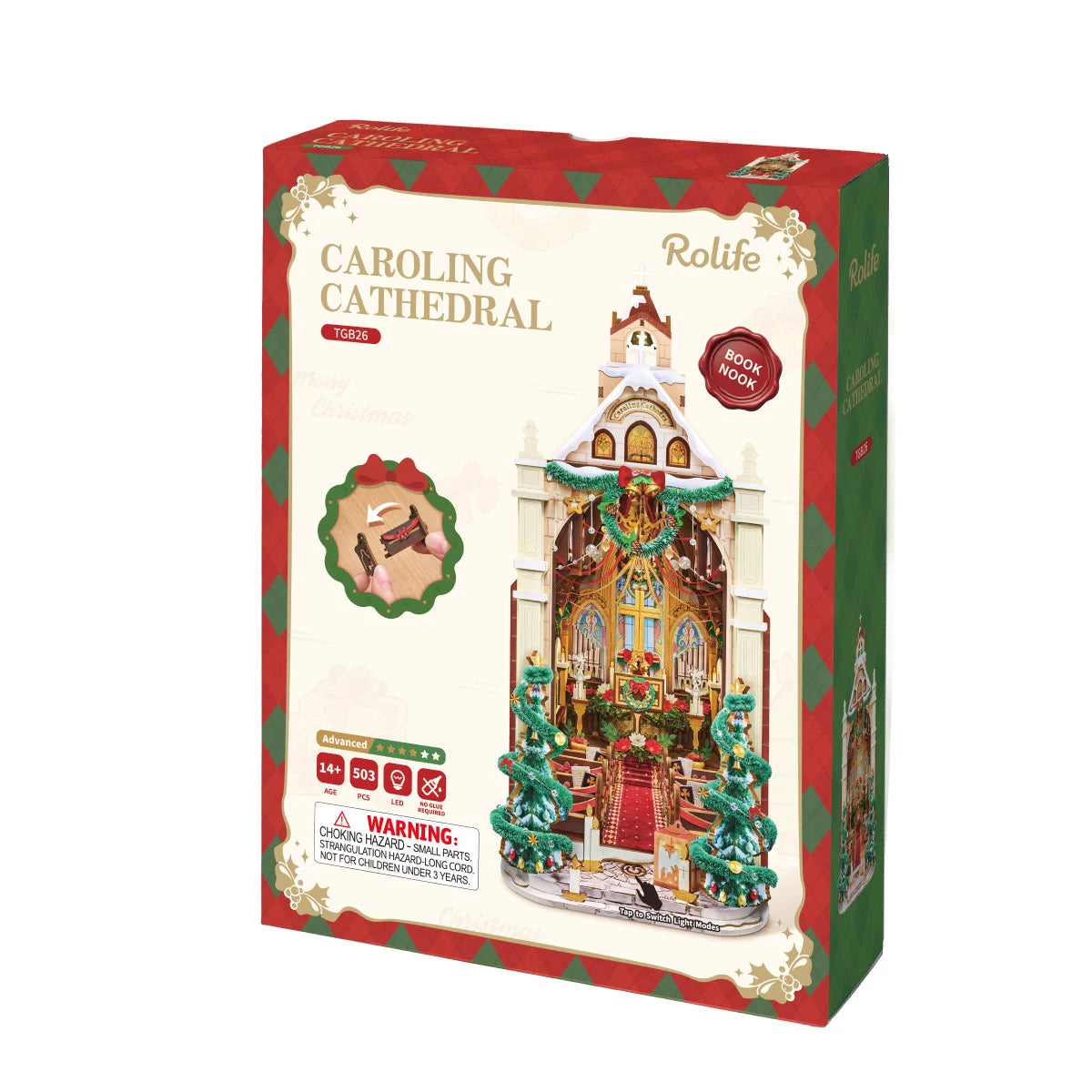 Rolife Caroling Cathedral Book Nook box, red and green festive packaging showing a miniature cathedral interior with Christmas trees, arched windows, red carpet and a light-up mode label.